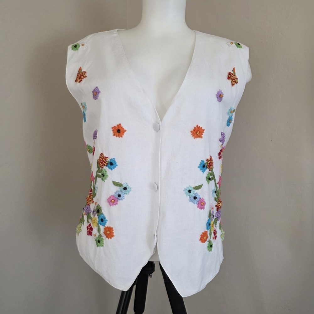 Vintage The Halsey‎ Collection Womens XL Hand Embroiderd Floral White Vest